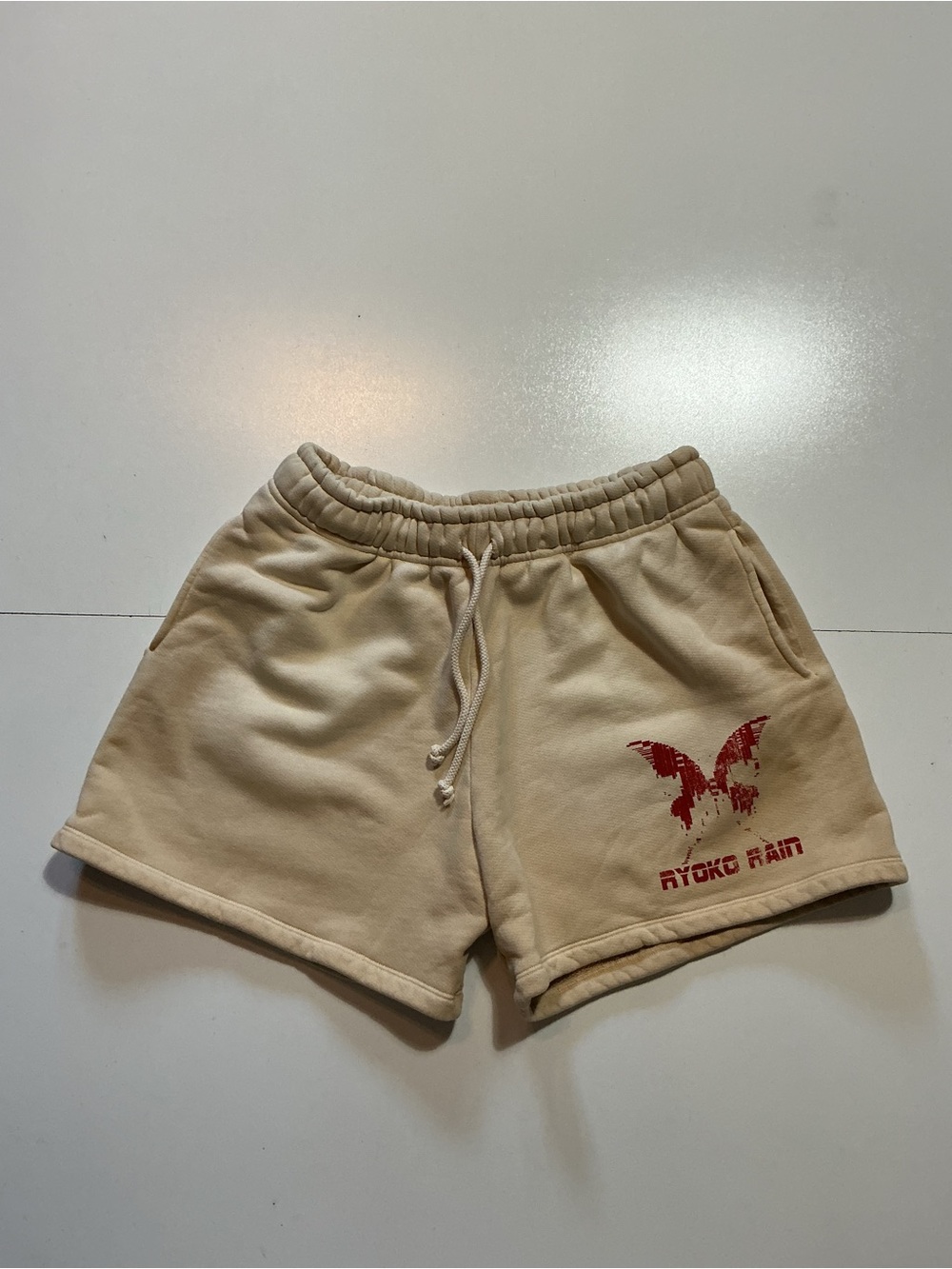 Ryoko Rain Butterfly Beige Red Graphic 5" Inseam Heavyweight Sweat Shorts